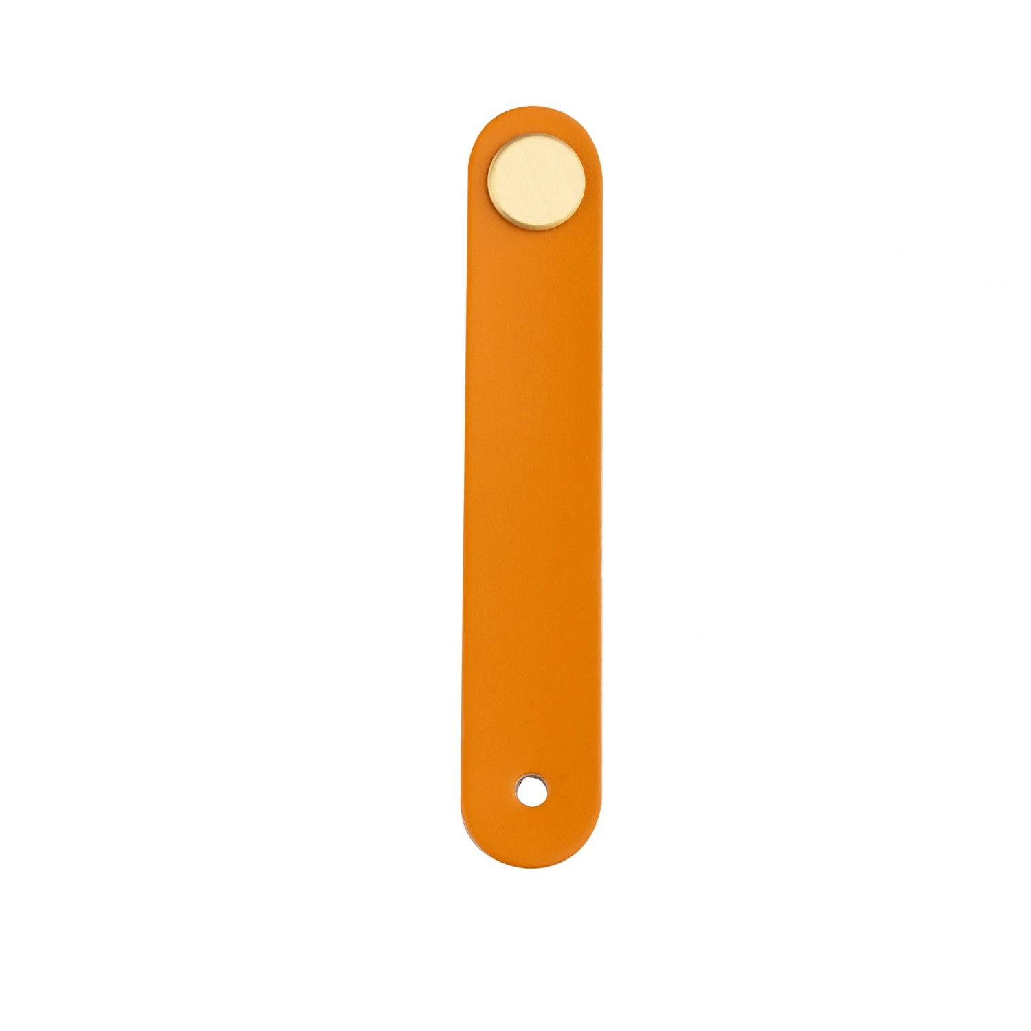 The Mantara L-0001 Maverick Pull Knob is a Nordic leather and brass knob in orange, ideal for kitchens and furniture.