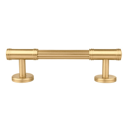 Mantara Olympus Handle B-0098 is a modern solid brass handle in brushed gold, perfect for wardrobes, kitchens, and cabinets.