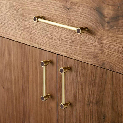 Cabinet pull handle, brass and wood, brown &amp; gold brushed finish, Mantara, Oriana Handle W-0015, elegant for furniture and wardrobes.