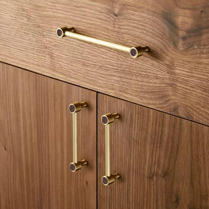 Mantara Oriana Handle W-0015 is a modern brass &amp; wood handle in brown+gold with brushed finish, ideal for doors &amp; cabinets.