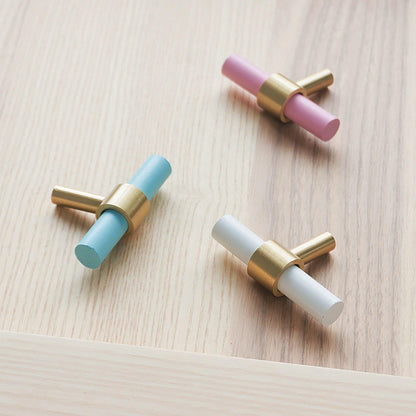 Mantara Pastel T Bar Handle W-0005 is a modern brass &amp; beech handle in white,pink,blue, ideal for drawers &amp; cupboards.
