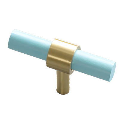 Mantara Pastel T Bar Handle W-0005 is a modern brass &amp; beech handle in  blue, ideal for drawers &amp; cupboards.
