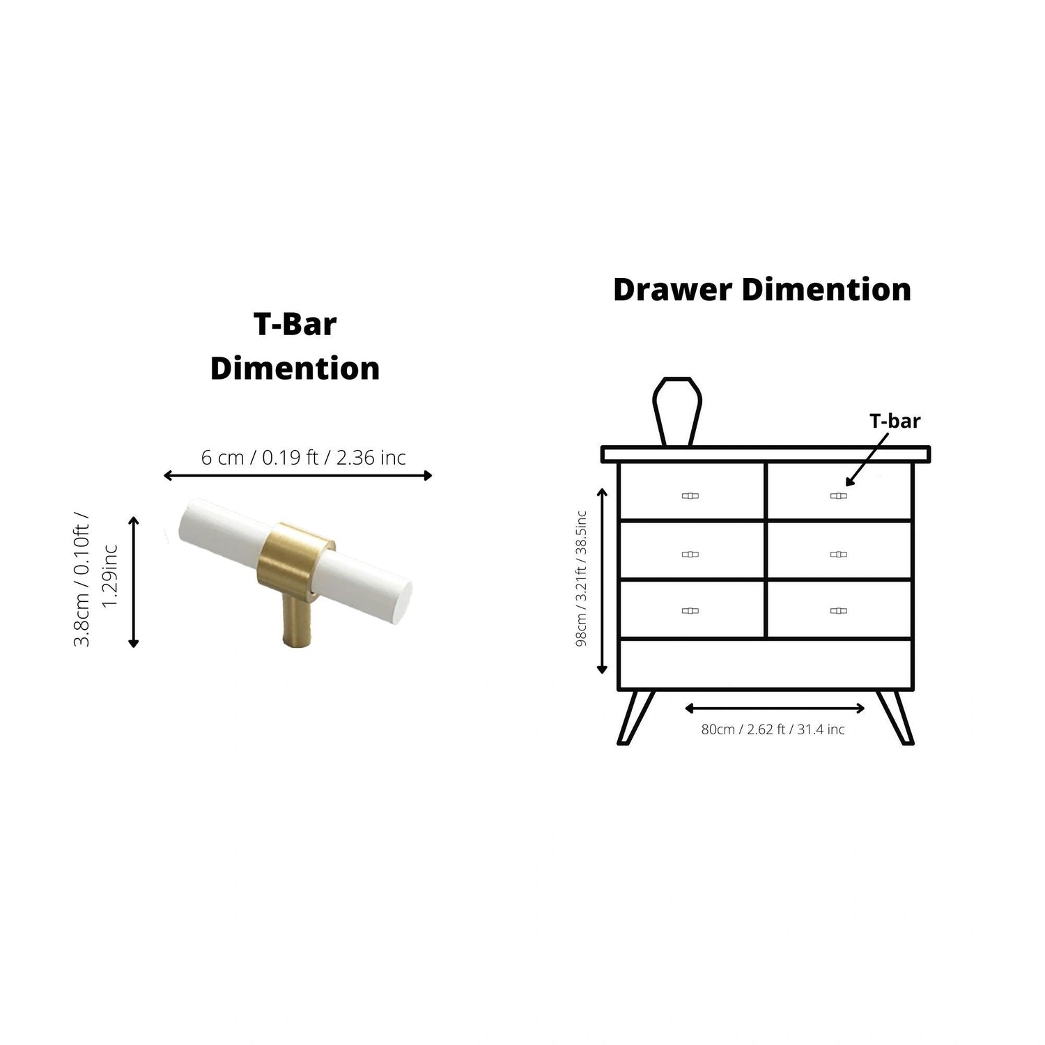 Mantara Pastel T Bar Handle W-0005 is a modern brass &amp; beech handle in  white, ideal for drawers &amp; cupboards.