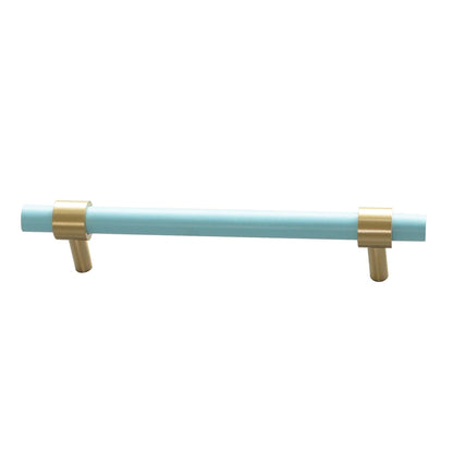 Mantara Pastel T Bar Handle W-0005 is a modern brass &amp; beech handle in blue, ideal for drawers &amp; cupboards.