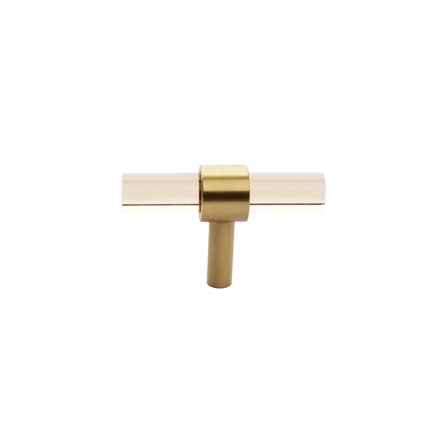 A stylish T-bar cabinet handle, Petra I made of clear acrylic and brushed brass in dark brown finish, model A-0007 by Mantara, A-0007.