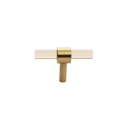 A stylish T-bar cabinet handle, Petra I made of clear acrylic and brushed brass in dark brown finish, model A-0007 by Mantara, A-0007.