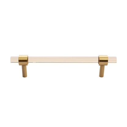 A stylish T-bar cabinet handle, Petra I made of clear acrylic and brushed brass in dark brown finish, model A-0007 by Mantara, A-0007.