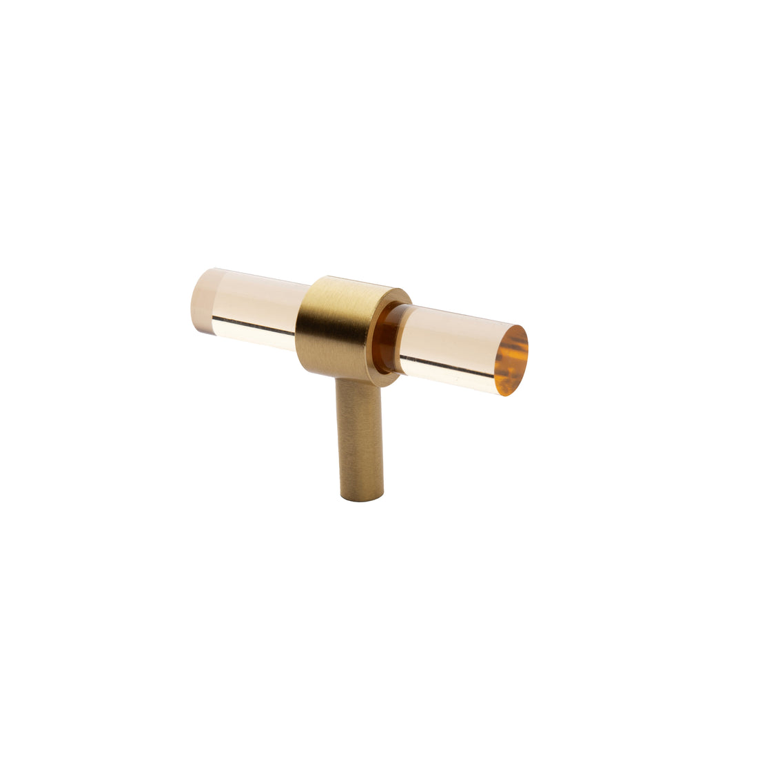 A stylish T-bar cabinet handle, Petra I made of clear acrylic and brushed brass in dark brown finish, model A-0007 by Mantara, A-0007.