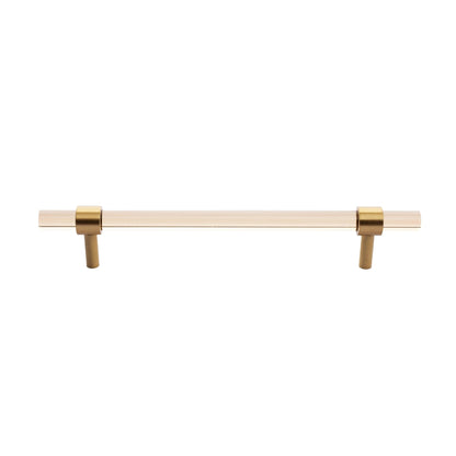 A stylish T-bar cabinet handle, Petra I made of clear acrylic and brushed brass in dark brown finish, model A-0007 by Mantara, A-0007.