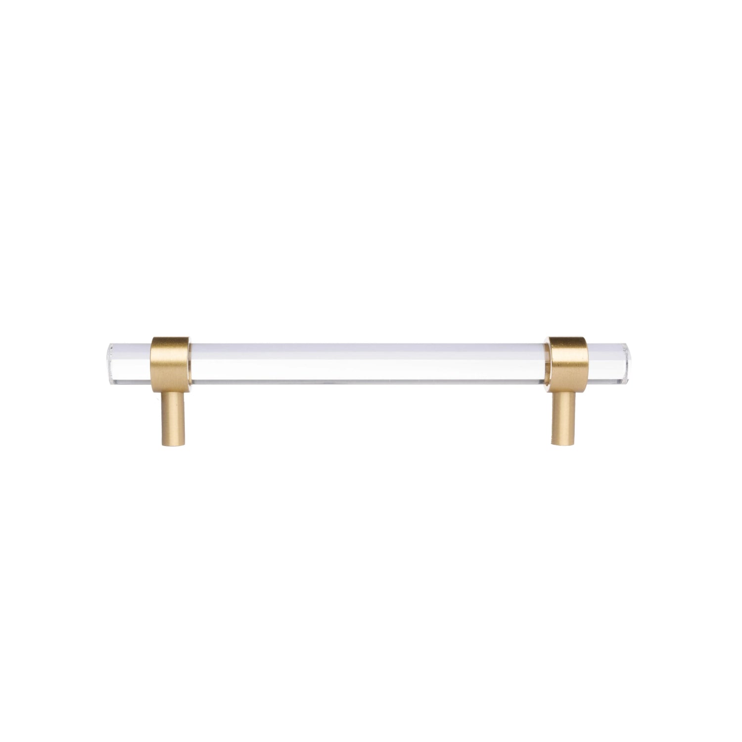 A sleek T-bar handle, Petra II made of clear acrylic with brushed brass supports in transparent white finish, model A-0008 by Mantara, A-0008.