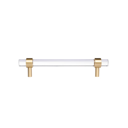 A sleek T-bar handle, Petra II made of clear acrylic with brushed brass supports in transparent white finish, model A-0008 by Mantara, A-0008.