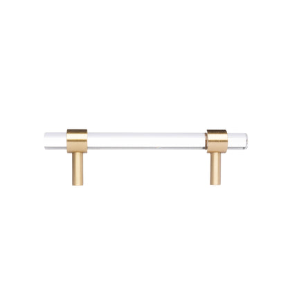 A sleek T-bar handle, Petra II made of clear acrylic with brushed brass supports in transparent white finish, model A-0008 by Mantara, A-0008.