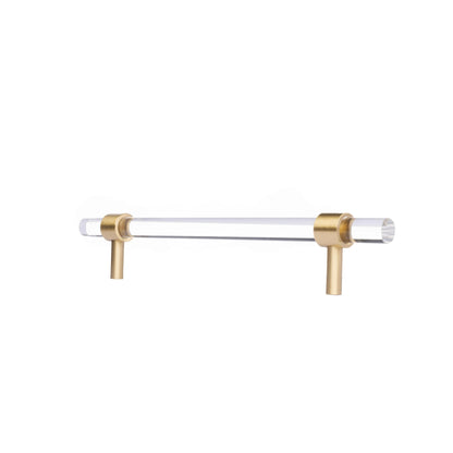 A sleek T-bar handle, Petra II made of clear acrylic with brushed brass supports in transparent white finish, model A-0008 by Mantara, A-0008.