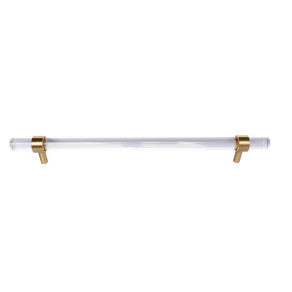 A sleek T-bar handle, Petra II made of clear acrylic with brushed brass supports in transparent white finish, model A-0008 by Mantara, A-0008.
