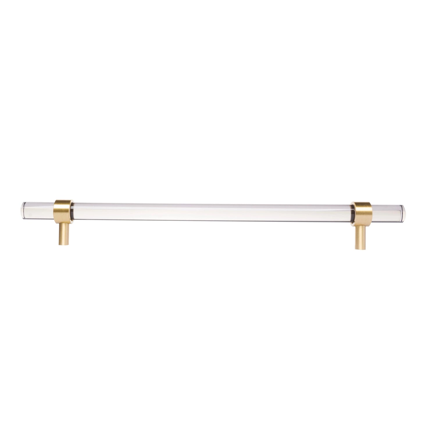 A sleek T-bar handle, Petra II made of clear acrylic with brushed brass supports in transparent white finish, model A-0008 by Mantara, A-0008.