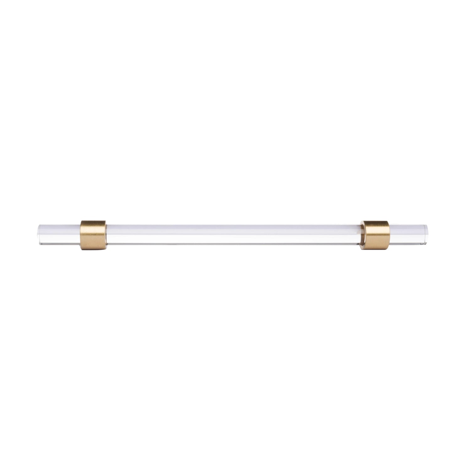 A sleek T-bar handle, Petra II made of clear acrylic with brushed brass supports in transparent white finish, model A-0008 by Mantara, A-0008.