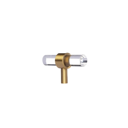 A sleek T-bar handle, Petra II made of clear acrylic with brushed brass supports in transparent white finish, model A-0008 by Mantara, A-0008.