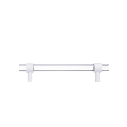 A sleek bar handle, Petra III made of acrylic with polished brass mounts in white finish, model A-0009 by Mantara, SKU A-0009.