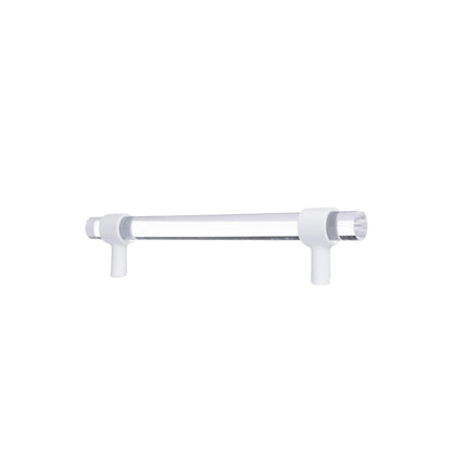 A sleek bar handle, Petra III made of acrylic with polished brass mounts in white finish, model A-0009 by Mantara, SKU A-0009.