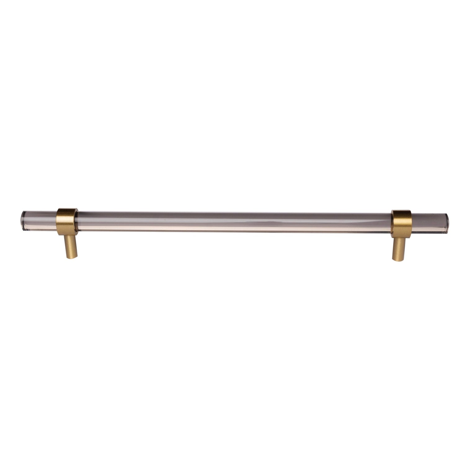 A modern cabinet bar handle, Petra V crafted from grey acrylic with polished brass mounts, model A-0011 by Mantara, SKU A-0011.