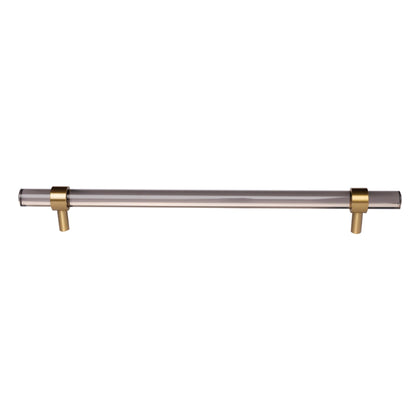 A modern cabinet bar handle, Petra V crafted from grey acrylic with polished brass mounts, model A-0011 by Mantara, SKU A-0011.