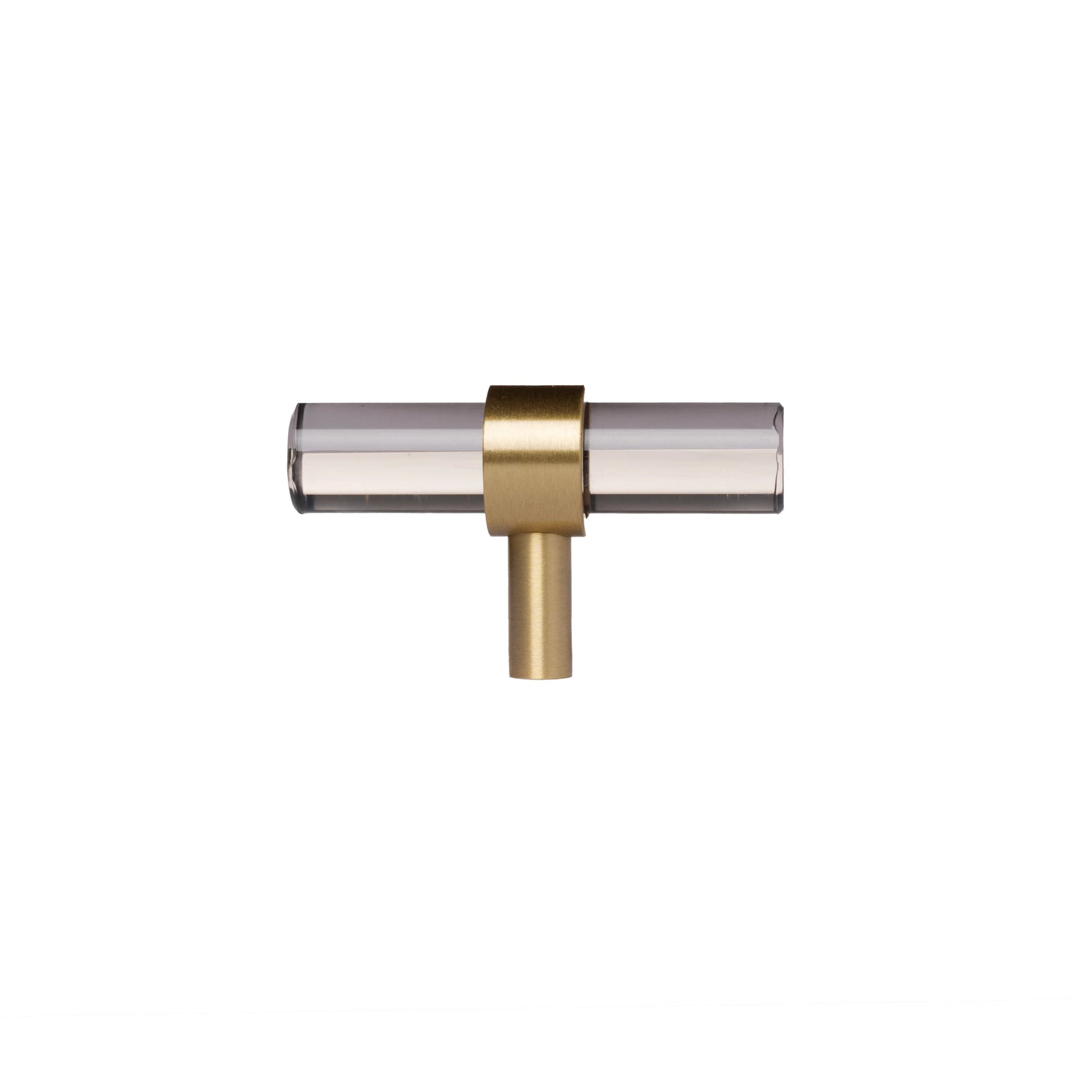A modern cabinet bar handle, Petra V crafted from grey acrylic with polished brass mounts, model A-0011 by Mantara, SKU A-0011.