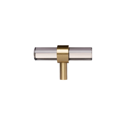 A modern cabinet bar handle, Petra V crafted from grey acrylic with polished brass mounts, model A-0011 by Mantara, SKU A-0011.