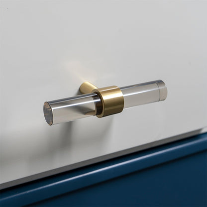 A modern cabinet bar handle, Petra V crafted from grey acrylic with polished brass mounts, model A-0011 by Mantara, SKU A-0011.