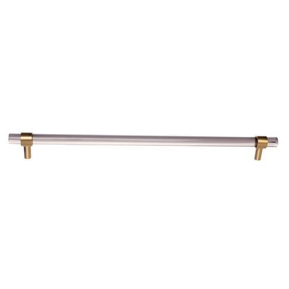 A modern cabinet bar handle, Petra V crafted from grey acrylic with polished brass mounts, model A-0011 by Mantara, SKU A-0011.