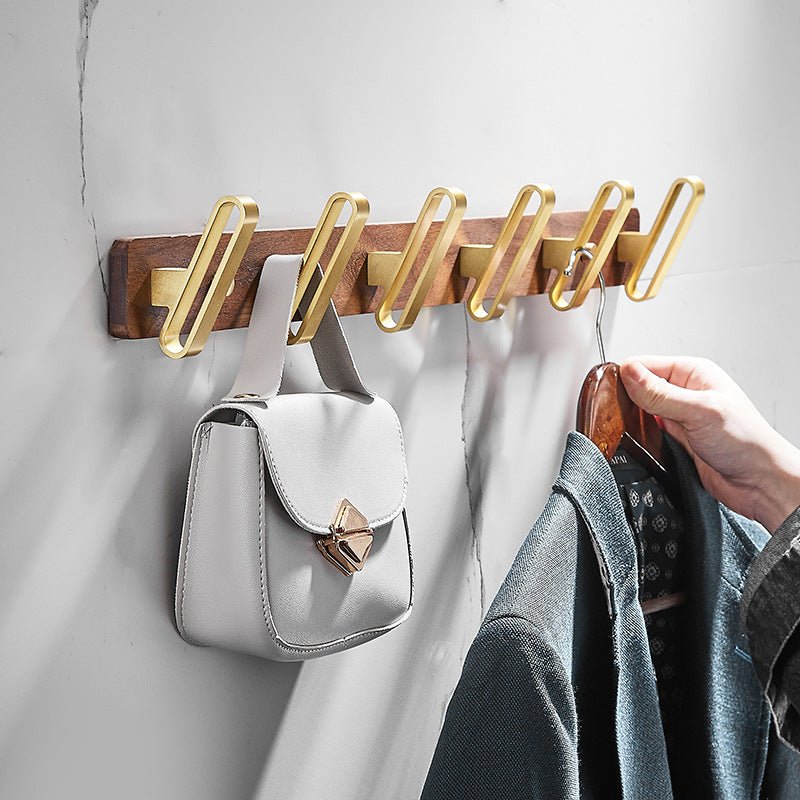 Plush Hook W-0012 in walnut &amp; brushed brass, size 280&amp;610mm, modern storage for all spaces—by Mantara.