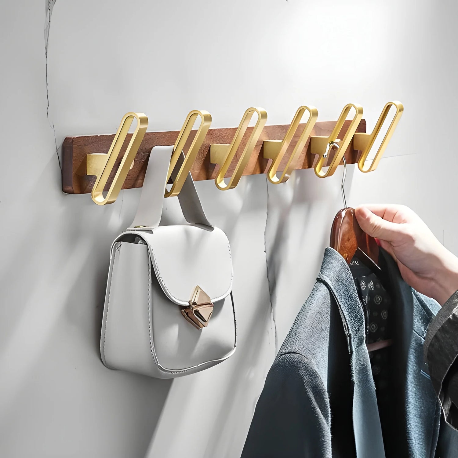 Mantara Plush Hook W-0012 is a modern walnut wood &amp; brass wall hook in gold with brushed finish, ideal for home,Bedrooms &amp; Bathrooms.