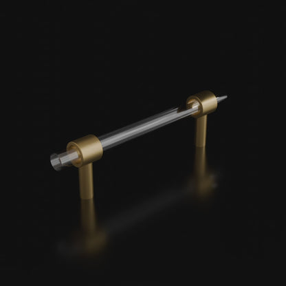 A sleek T-bar handle, Petra II made of clear acrylic with brushed brass supports in transparent white finish, model A-0008 by Mantara, A-0008.