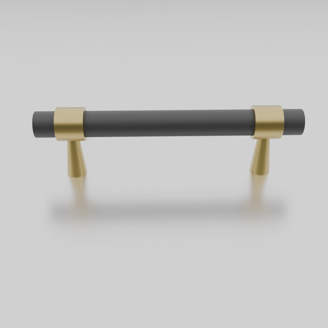  Mantara Cleo T Bar Handle B-0064 is a modern knurled brushed brass handle in black ,ideal for wardrobes and cabinets.