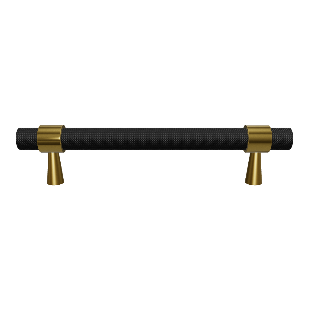 Mantara Cleo T Bar Handle B-0064 is a modern knurled brushed brass handle in black ,ideal for wardrobes and cabinets.