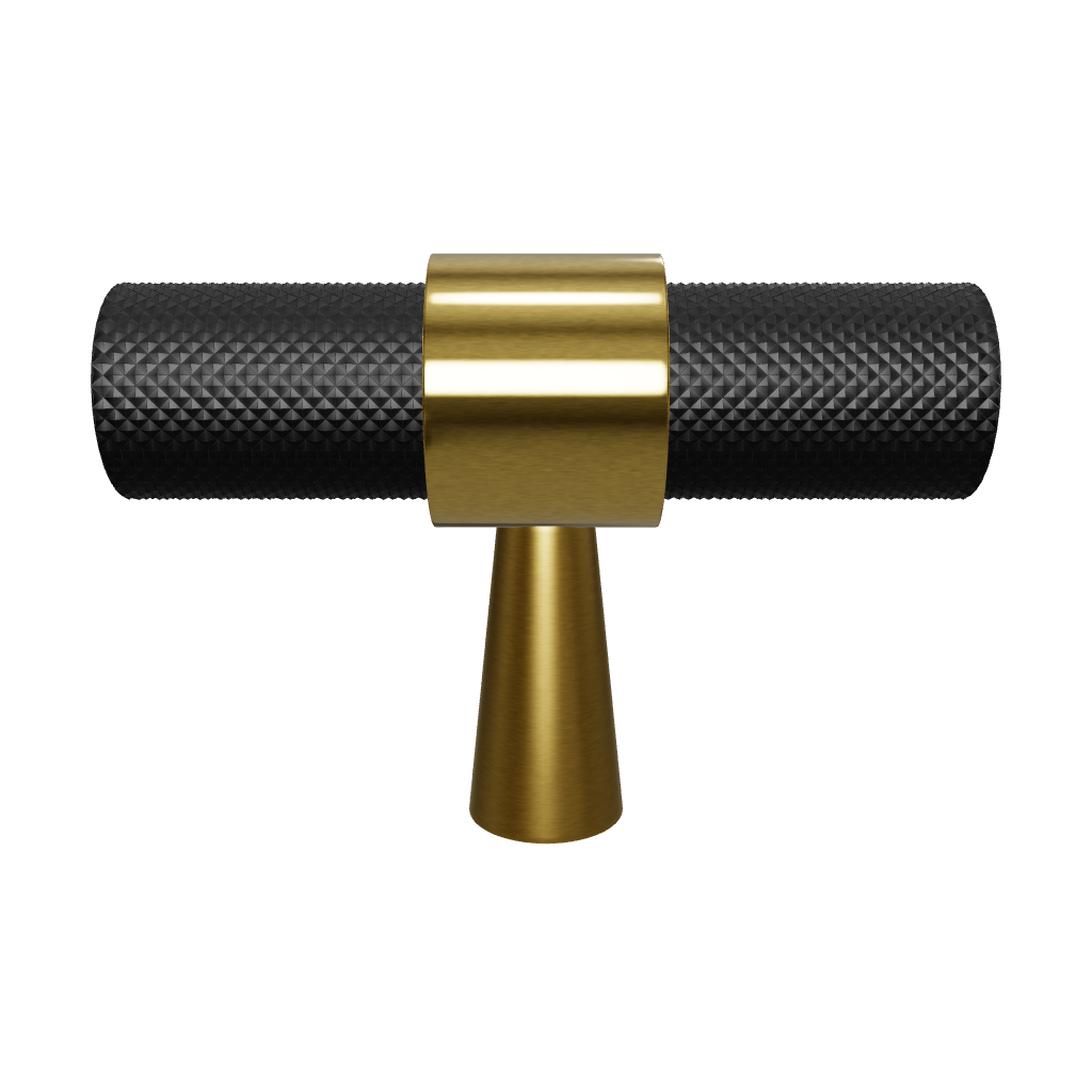  Mantara Cleo T Bar Handle B-0064 is a modern knurled brushed brass handle in black ,ideal for wardrobes and cabinets.