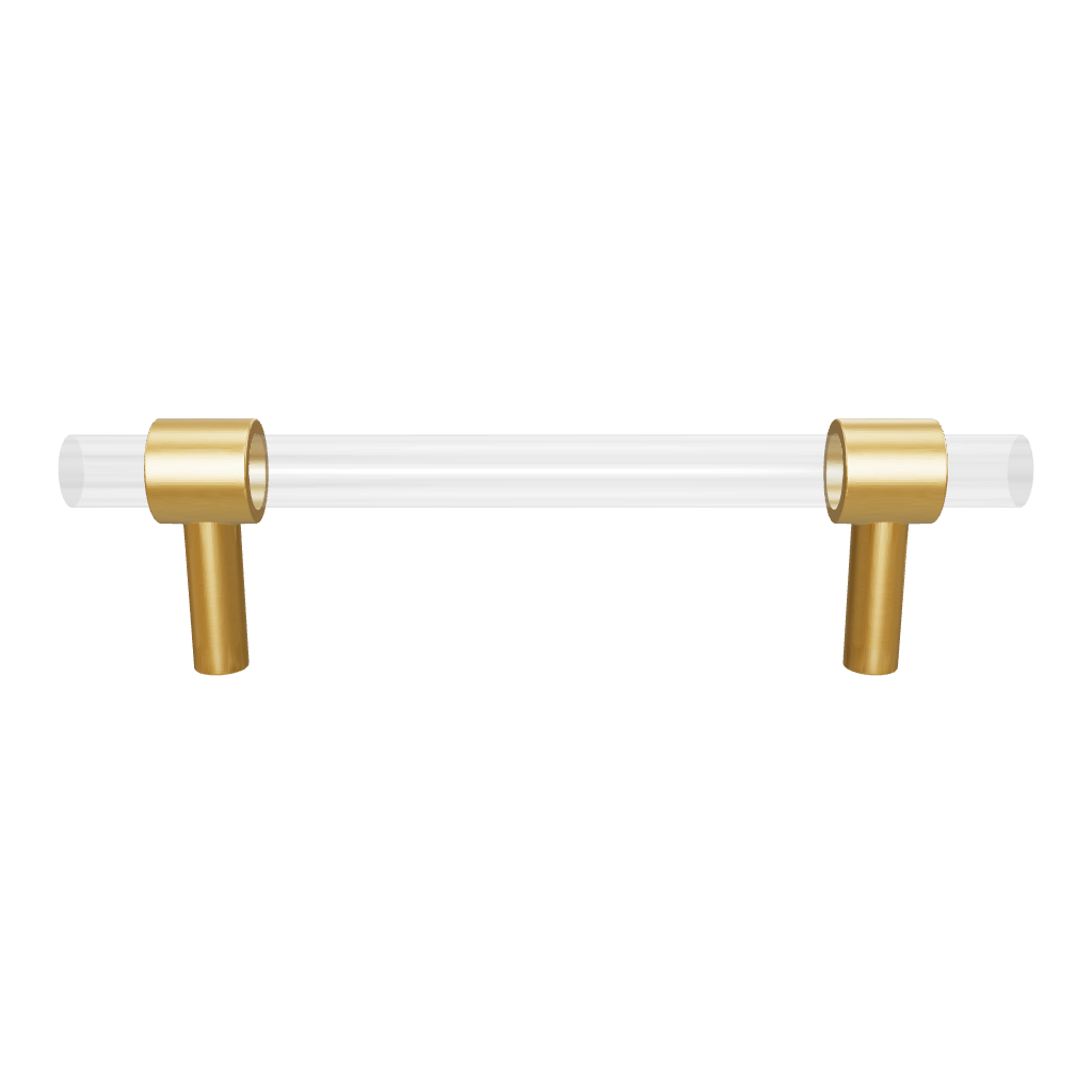 A sleek T-bar handle, Petra II made of clear acrylic with brushed brass supports in transparent white finish, model A-0008 by Mantara, A-0008.