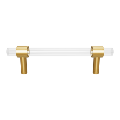 A sleek T-bar handle, Petra II made of clear acrylic with brushed brass supports in transparent white finish, model A-0008 by Mantara, A-0008.