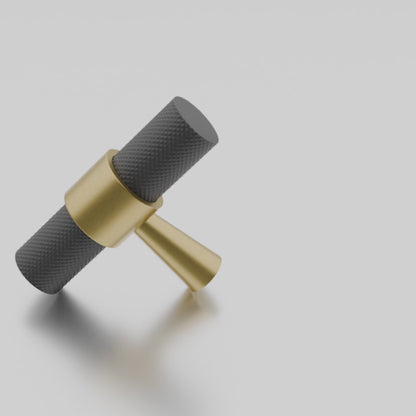  Mantara Cleo T Bar Handle B-0064 is a modern knurled brushed brass handle in black ,ideal for wardrobes and cabinets.
