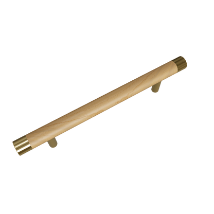 Cinnamon Handle W-0008 in brushed brass &amp; wood, sizes 63–278mm, ideal for wardrobes, cabinets &amp; drawers—by Mantara.