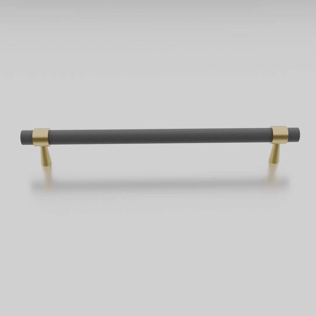Mantara Cleo T Bar Handle B-0064 is a modern knurled brushed brass handle in black ,ideal for wardrobes and cabinets.
