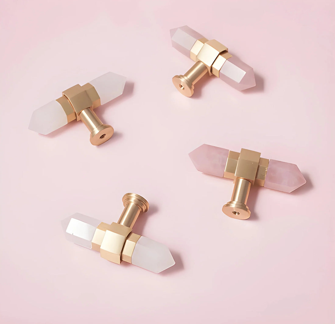 The Mantara C-0015 Quartz Handle is a modern brass and crystal handle in white, ideal for doors, wardrobes, and cabinets.