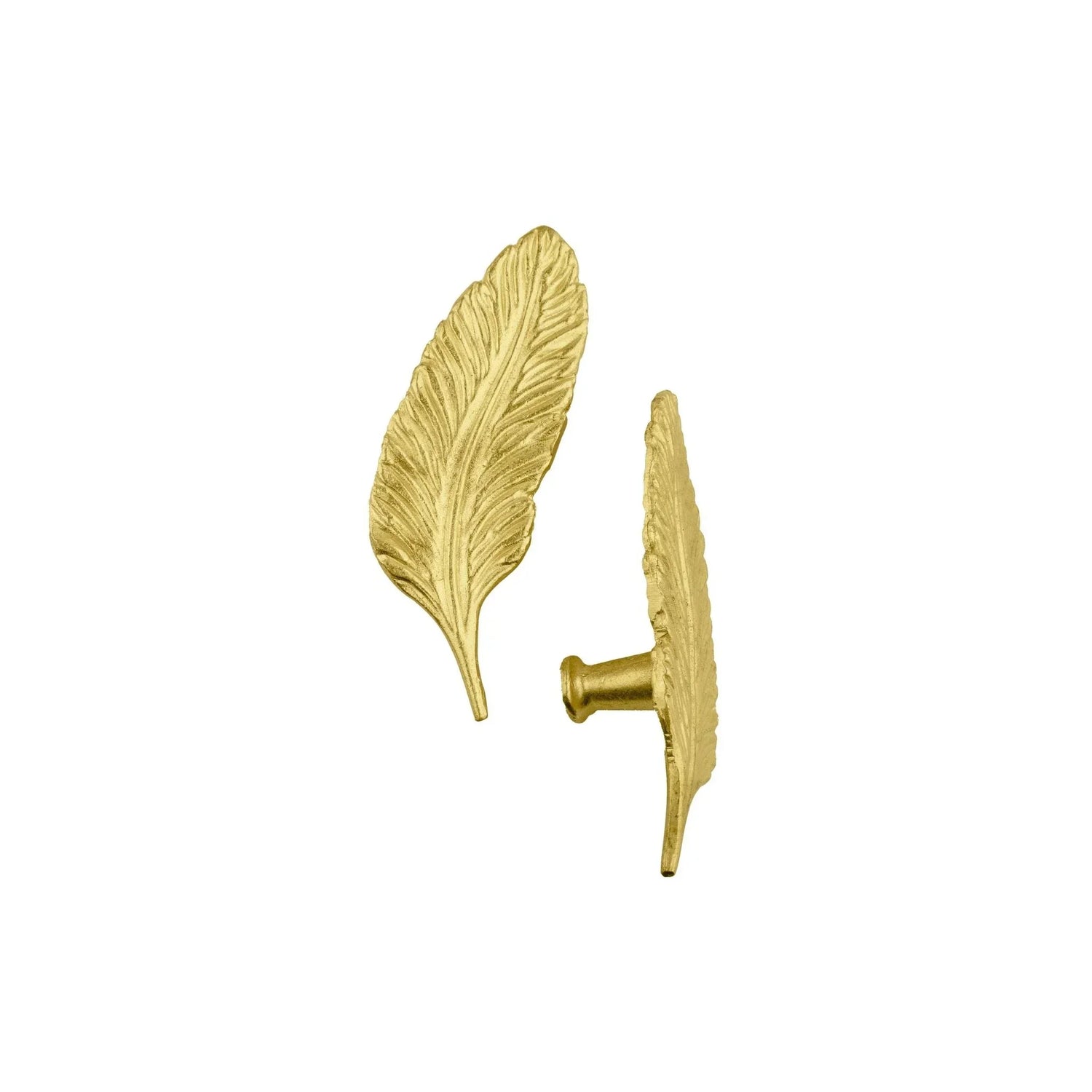 The Mantara B-0008 Quill Knob is a modern solid brass knob in brushed gold, available in left &amp; right designs for wardrobes, doors, and cabinets.
