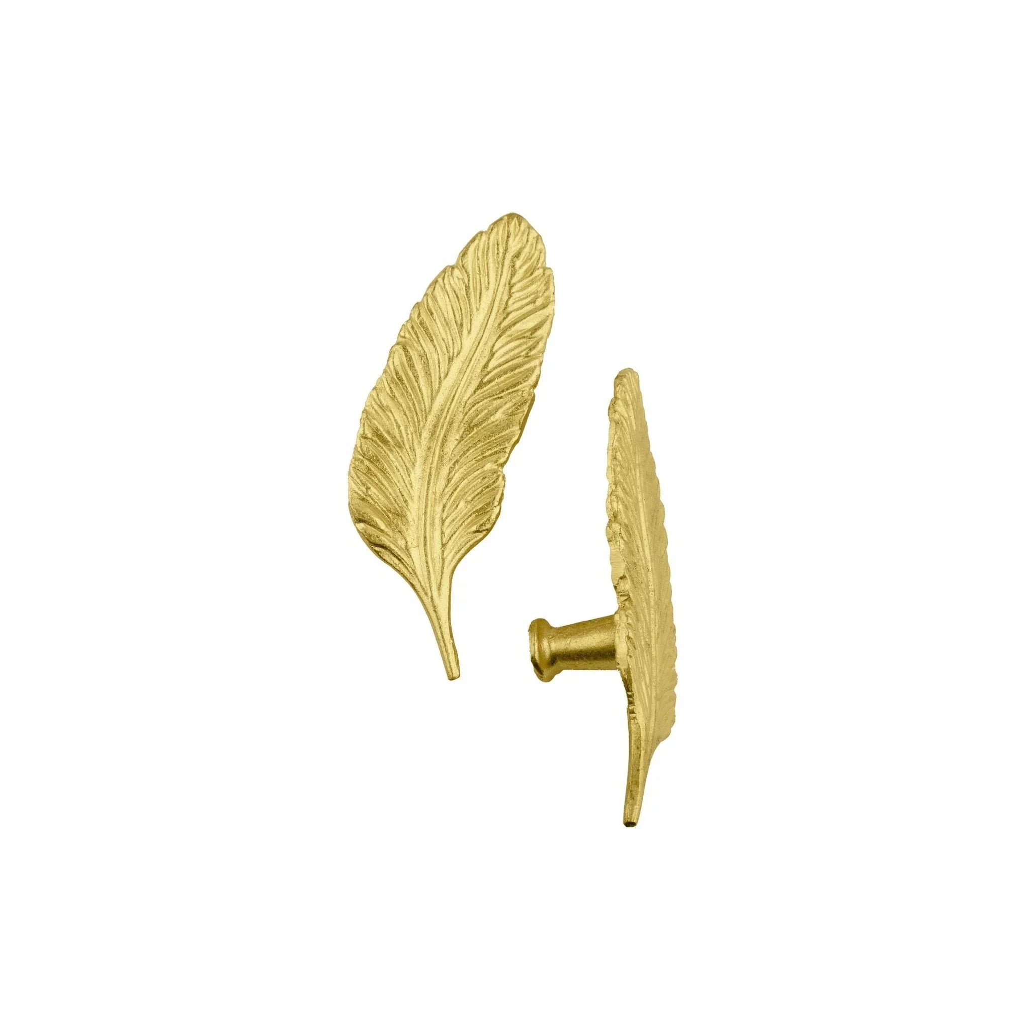 The Mantara B-0008 Quill Knob is a modern solid brass knob in brushed gold, available in left &amp; right designs for wardrobes, doors, and cabinets.