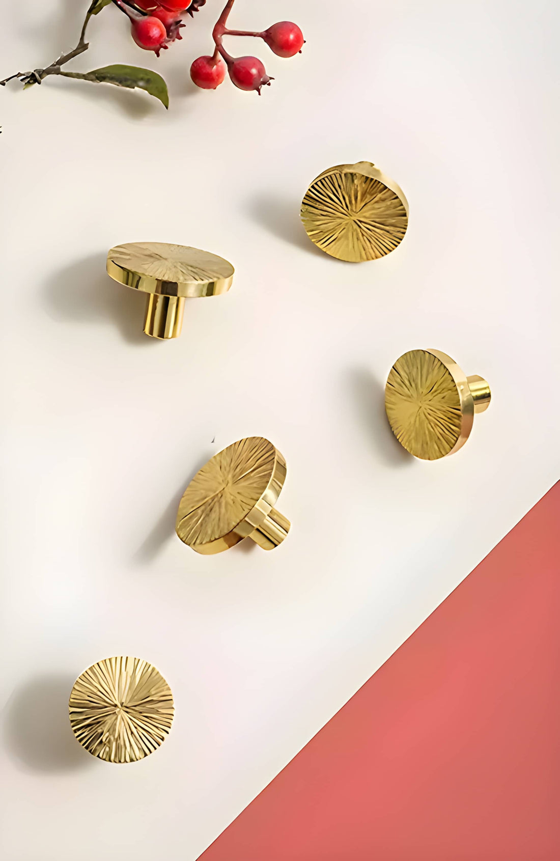 Mantara Radiate Knob B-0103 is a modern polished brass knob in gold, ideal for drawers, cabinets, and furniture.