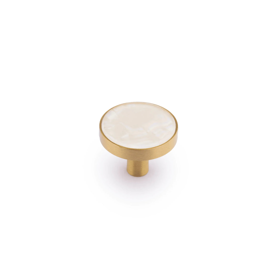 The Mantara B-0005 Regal Pearl Knob is a modern brass and natural shell knob in white with a polished brushed stem, ideal for kitchens, furniture, and cabinets.
