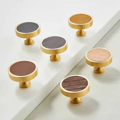 Mantara Rohin Knob W-0050 is a modern beige wood and brass knob, ideal for kitchen drawers, dresser drawers.