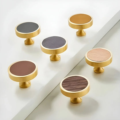 Mantara Rohin Knob W-0050 is a modern beige wood and brass knob, ideal for kitchen drawers, dresser drawers.