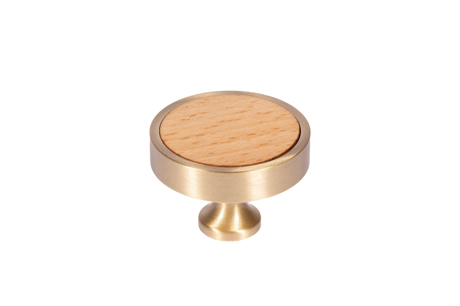 Mantara Rohin Knob W-0050 is a modern beige wood and brass knob, ideal for kitchen drawers, dresser drawers.