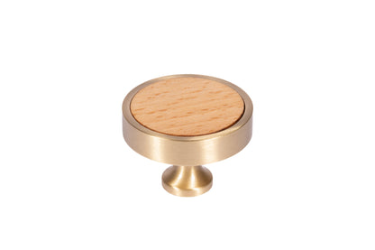 Mantara Rohin Knob W-0050 is a modern beige wood and brass knob, ideal for kitchen drawers, dresser drawers.