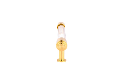 The Mantara C-0023 Sapience Handle is a modern crystal and brass handle in white transparent, perfect for cabinets, drawers, and wardrobes.